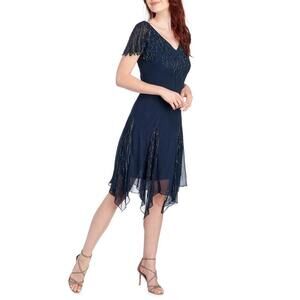 JKARA Women's Shift Beaded Chiffon Handkerchief Dress In Navy Blue Size 10 $260